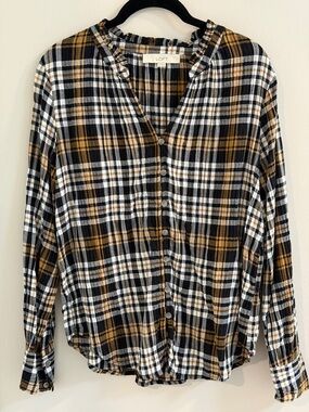 LOFT Plaid Blouse Medium Black Tan White Button Front Long Sleeve Top